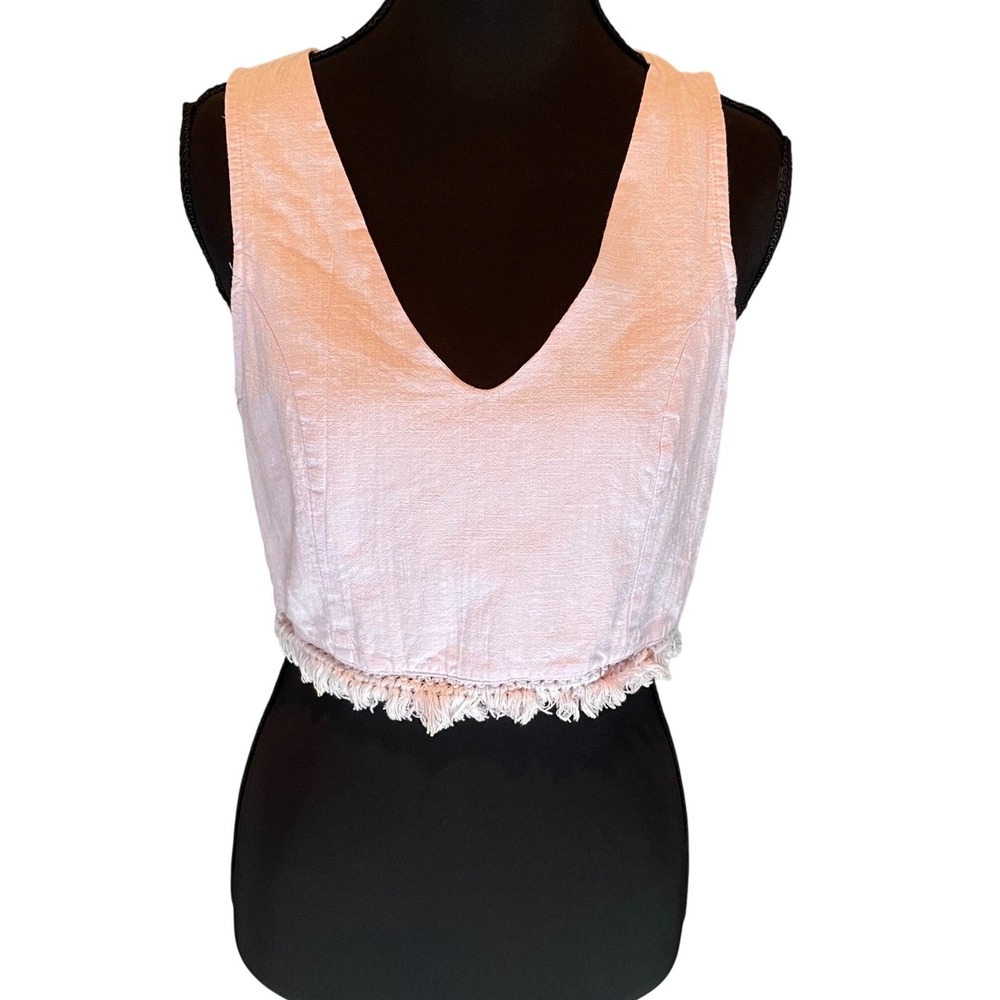 Womens Sm Light Pink Fringe Hem V-Neck Sleeveless Crop Top Boho Cowgirl Coquette